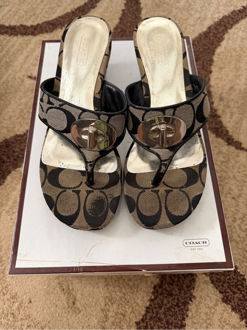 Coach Signature Canvas Thong Sandals in Brown and Black with Gold Hardware
